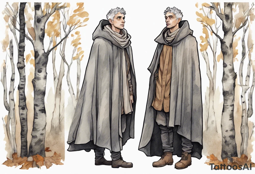 a solitary medieval thoughtful Tan France wearing a grey cloak standing in a birch forest tattoo idea