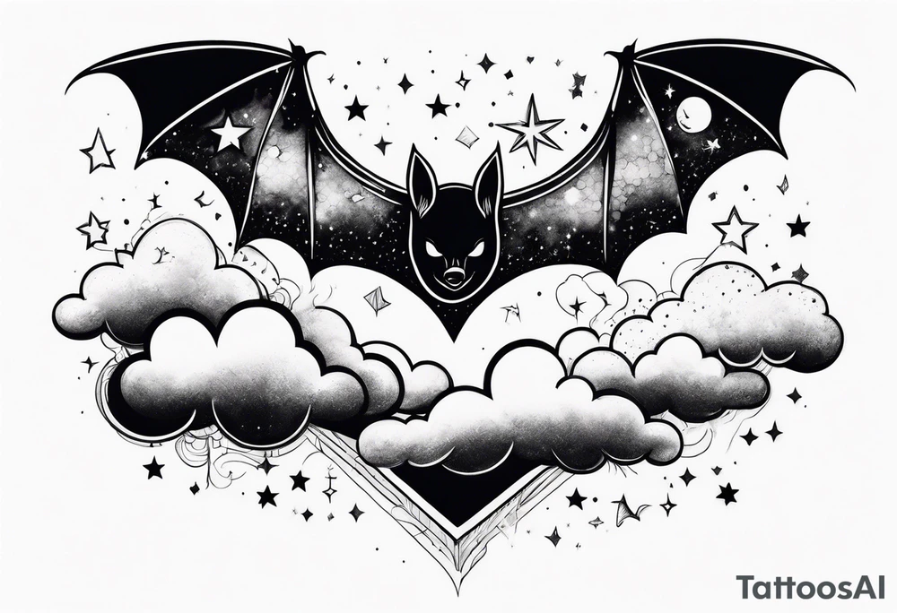 A bat wrapped in clouds and smoke with stars and sparkles and a moon tattoo idea