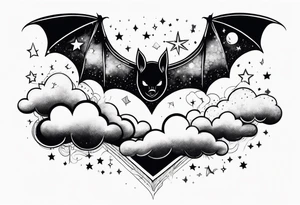 A bat wrapped in clouds and smoke with stars and sparkles and a moon tattoo idea