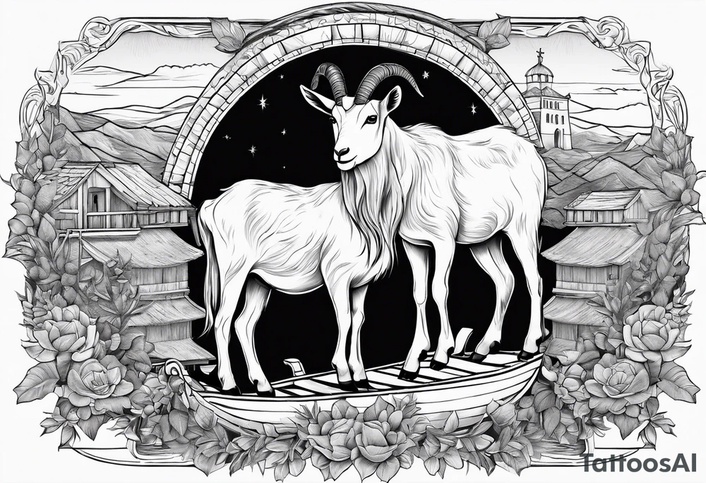 Abadger, a goat and a reindeer on an ark inside the outlines of Map of Mallorca tattoo idea