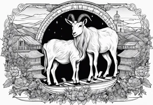 Abadger, a goat and a reindeer on an ark inside the outlines of Map of Mallorca tattoo idea