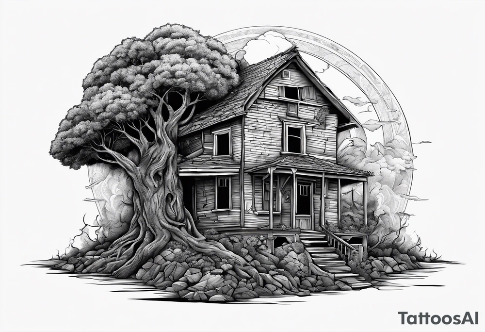 the tree of life growing out of a broken house with baby jesus laying at its doorstep tattoo idea