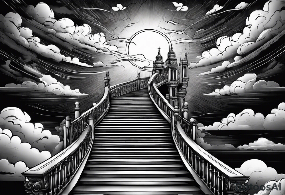 Staircase that leads through the clouds to heaven and ends at the gates of heaven. At the end there is a bright light tattoo idea