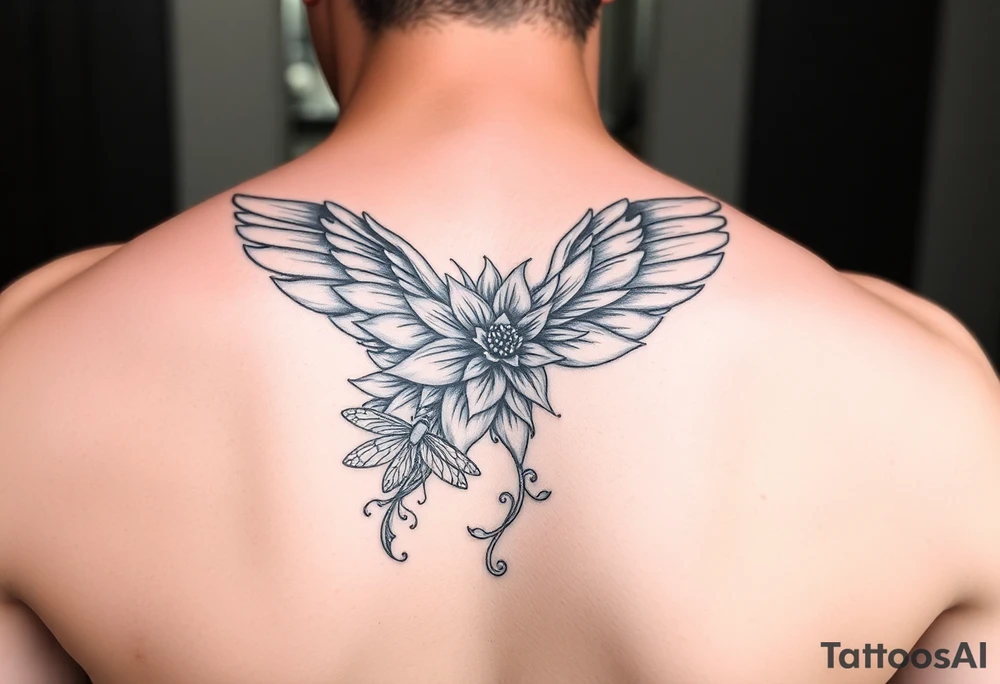 One angel wing for upper arm, add a waterlily and dragonfly tattoo idea