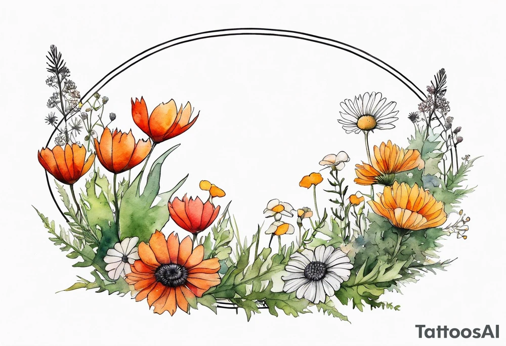 an oval of wildflowers cascading with thistles, ferns, white anemones, sun flowers, red flowers, black flowers, buttercups, orange flowers, babys breath and daisies all in watercolor tattoo idea