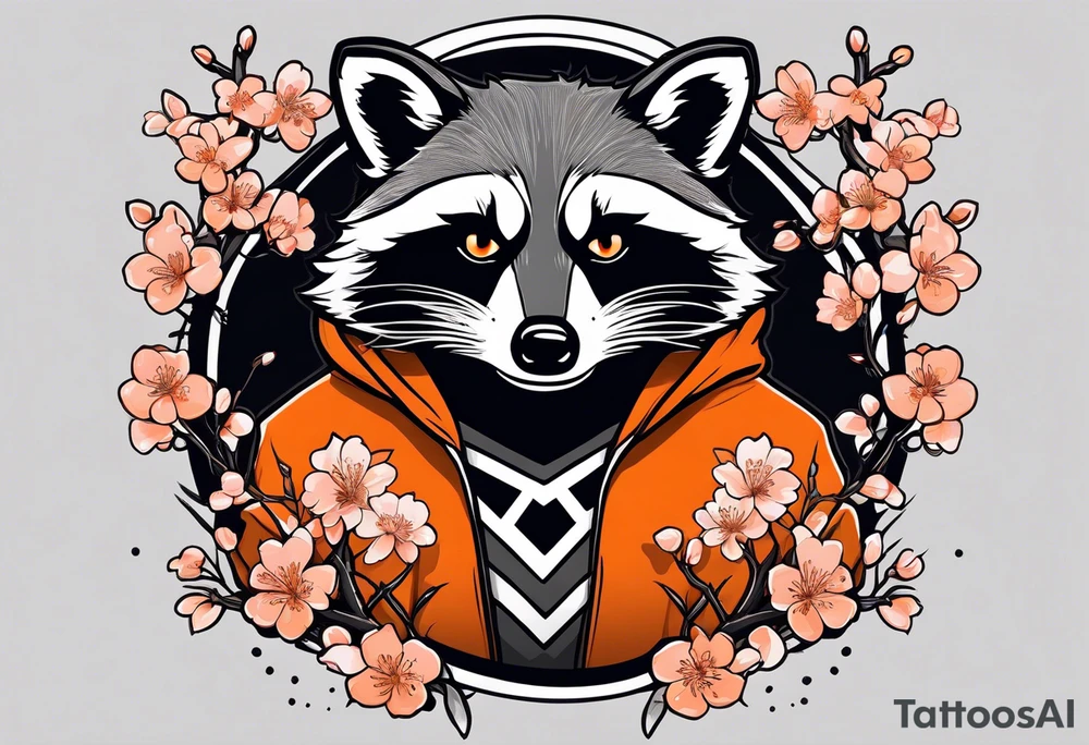Raccoon wearing a white Superman logo on a black hoodie and orange Japanese cherry blossoms beside tattoo idea