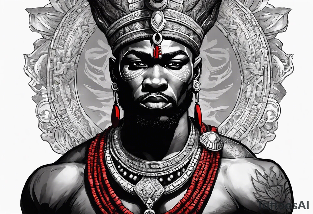 african god of war,  wearing a small metalic silver crown and wearing a red necklace tattoo idea