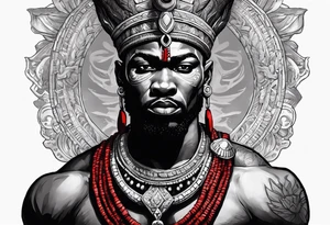 african god of war,  wearing a small metalic silver crown and wearing a red necklace tattoo idea