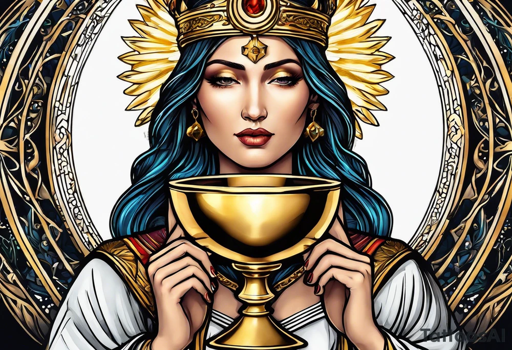 holy saint woman with golden halo holding a chalice tattoo idea