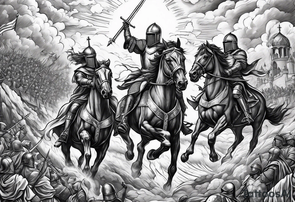 English knights battling with jesus christ in the sky tattoo idea