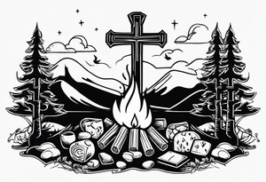 christian 
cross; campfire, golf, campfire, whiskey glass tattoo idea