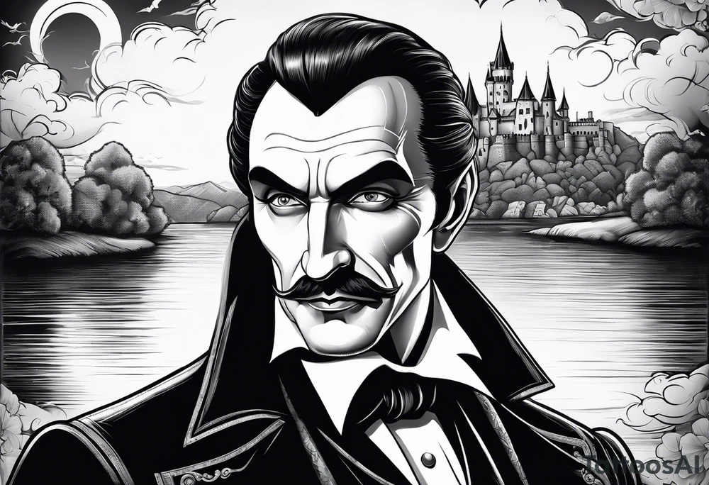 DRACULA FROM THE MOVIE  WITH CASTLE IN THE BACKGROUND tattoo idea