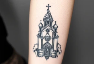 in a dorsal view a detailed orthodox church with a band at the front shrouded with a mist above and fading into a virgin mary overlooking above at the top tattoo idea