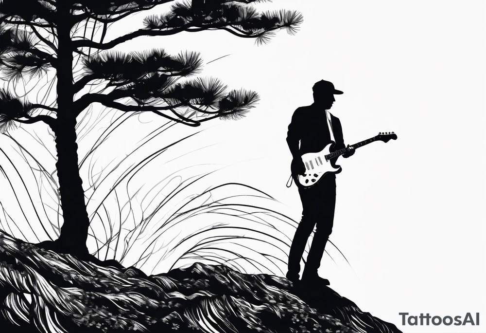 silhouette of a man standing under a pine tree playing electric guitar tattoo idea