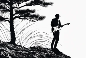 silhouette of a man standing under a pine tree playing electric guitar tattoo idea