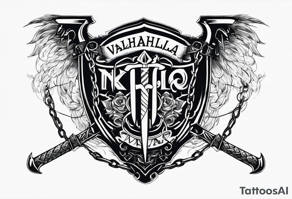 Valhalla sword round
shield axe barbed wire chains dark cloud lightning tattoo idea