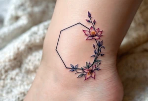 Faint Hexagon with Leo, larkspur and water lilies in the center tattoo idea