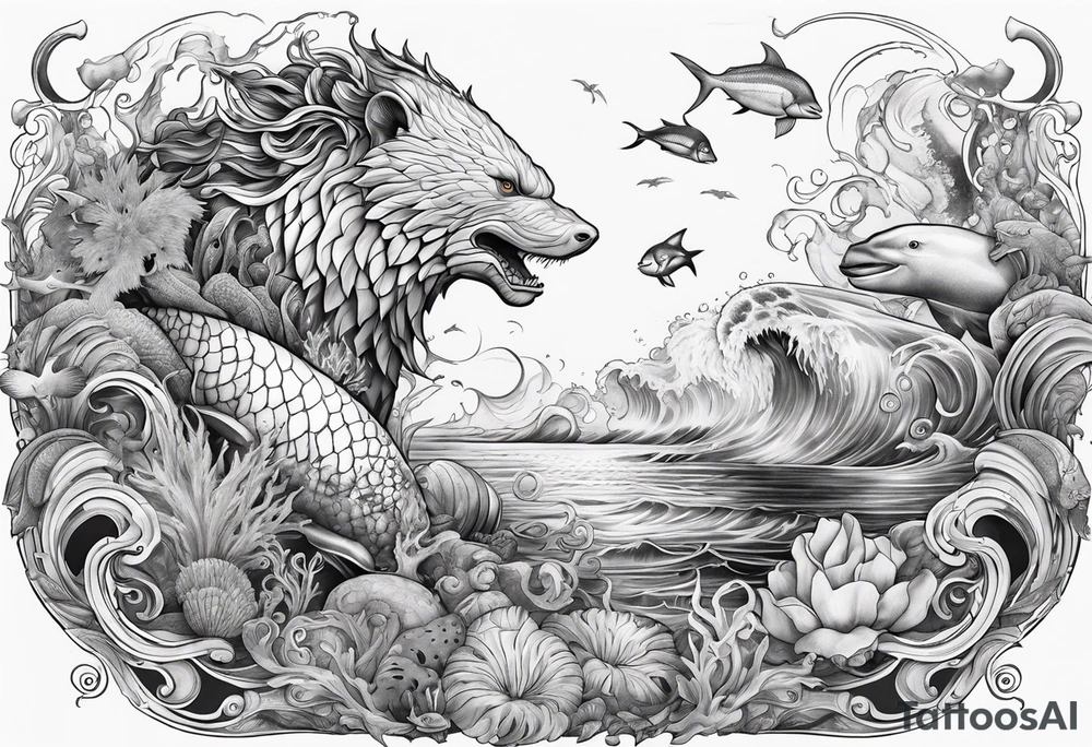 Full sleeve tattoo of ocean animals with Poseidon tattoo idea