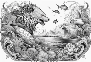 Full sleeve tattoo of ocean animals with Poseidon tattoo idea
