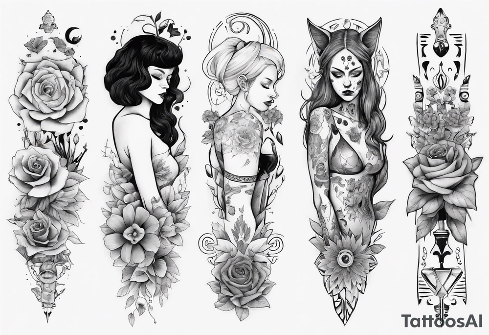 B&w tattoo arm with flowers dotting work and with an cat in it and a dark elf woman Scandinavian tattoo idea