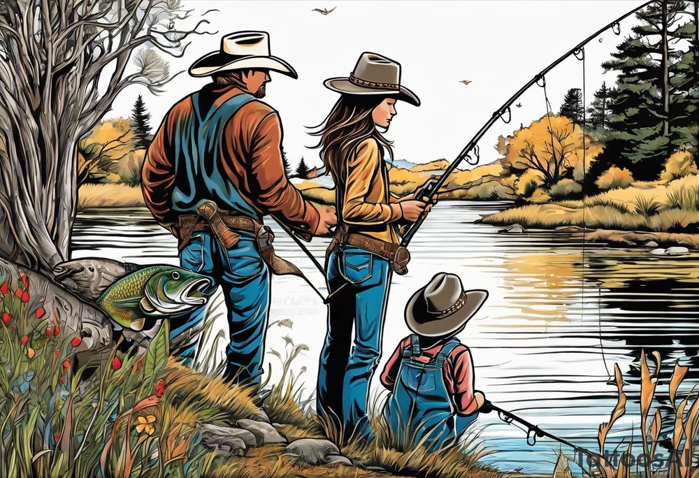 Father, young son and young daughter fishing from the bank. They are wearing cowboy hats. Trees are surrounding them with wildlife tattoo idea