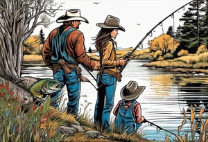 Father, young son and young daughter fishing from the bank. They are wearing cowboy hats. Trees are surrounding them with wildlife tattoo idea