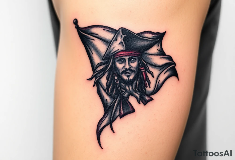 A tattered pirate flag with Jack Sparrow’s silhouette, flowing dramatically in the wind, done in black and gray ink with faint red highlights tattoo idea