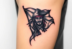 A tattered pirate flag with Jack Sparrow’s silhouette, flowing dramatically in the wind, done in black and gray ink with faint red highlights tattoo idea