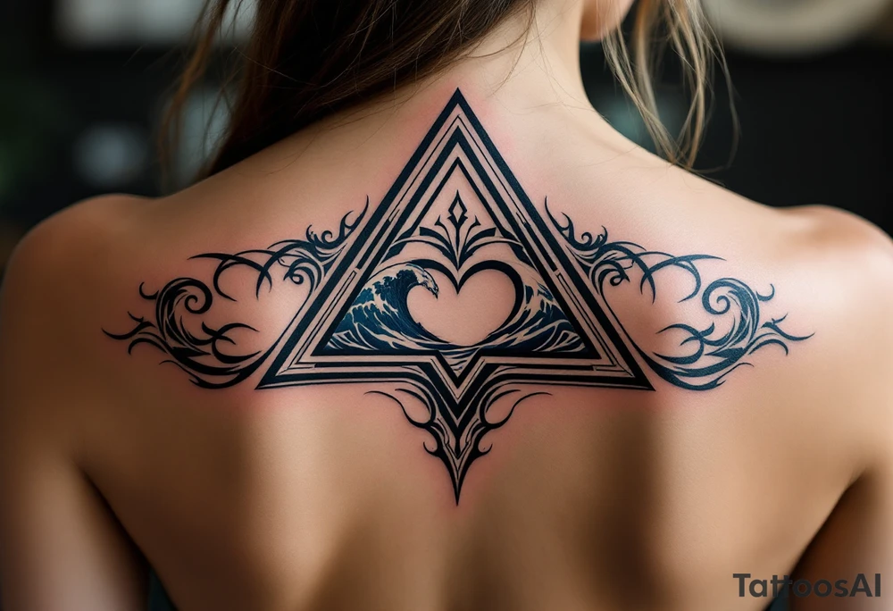 A triangle with a big heart in the center with an ocean theme tattoo idea