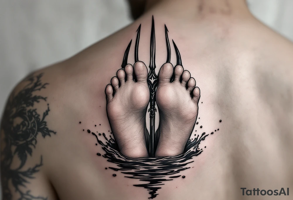 barefeet behind trident with water tattoo idea