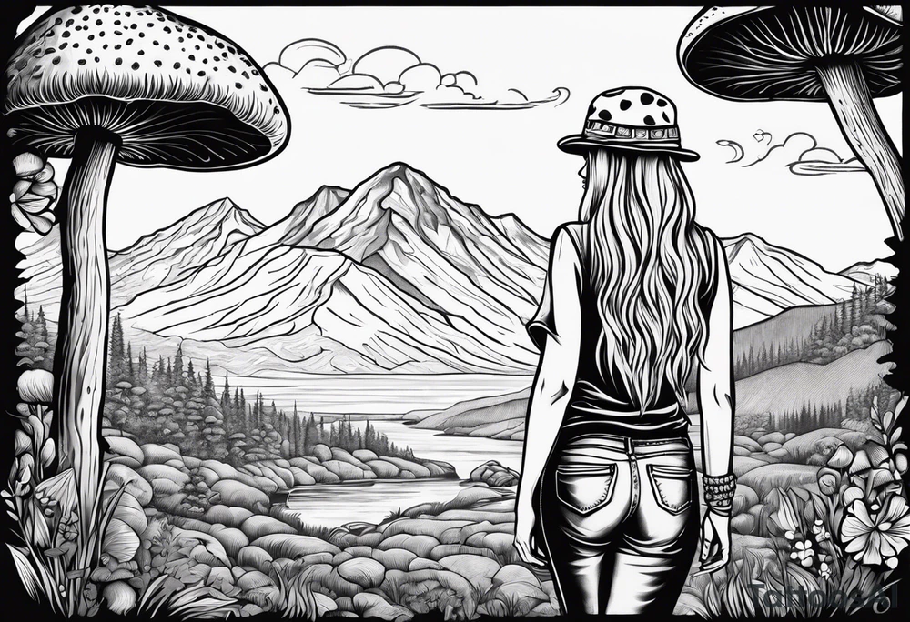 Straight long blonde hair hippie girl in distance holding mushrooms in hand facing away toward mountains and creek surrounded by mushrooms tee shirt and hiking pants tattoo idea