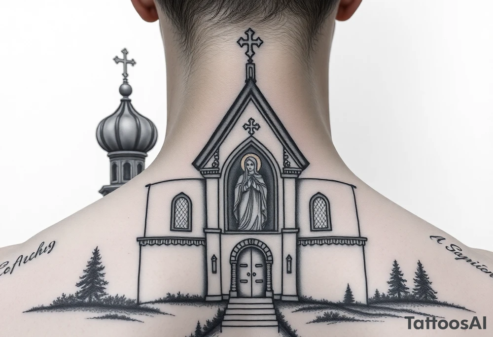 rusian orthodox domes church with a virgin mary in a russian rural village with Church Slavonic script or Cyrillic text — a prayer or meaningful phrase running along the sides tattoo idea