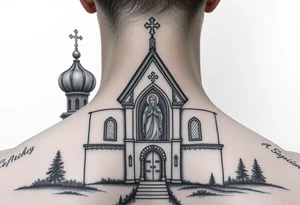 rusian orthodox domes church with a virgin mary in a russian rural village with Church Slavonic script or Cyrillic text — a prayer or meaningful phrase running along the sides tattoo idea