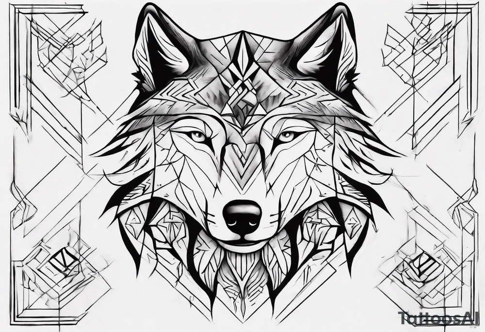 Wolf's face with geometric patterns flowing from it along with impressions of trees, a forest. It should be shaped to fit on a forearm (longer than it is wide) tattoo idea