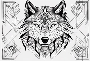 Wolf's face with geometric patterns flowing from it along with impressions of trees, a forest. It should be shaped to fit on a forearm (longer than it is wide) tattoo idea