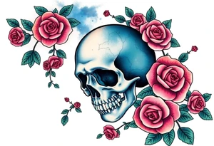 gothic skull as a planet and intertwined with climbing roses and galaxy in background tattoo idea