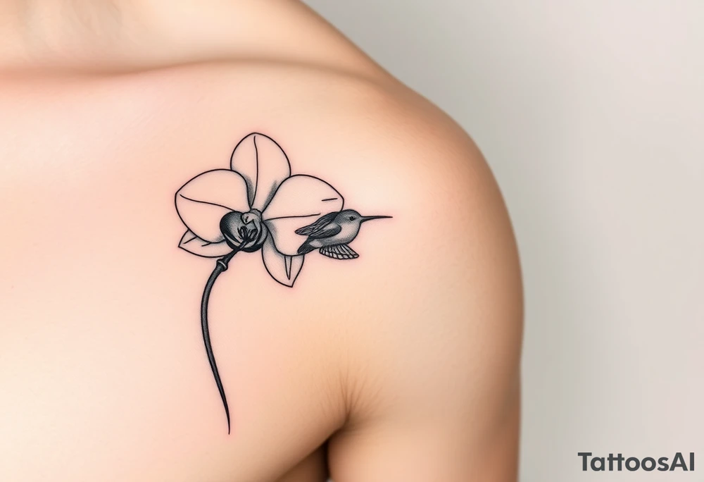 A delicate, black and white fine-line tattoo for male, featuring a gracefully detailed orchid in full bloom (stem and at least 2 flowers in full bloom), with soft, intricate petals and elegant curves. Beside it, a hummingbird hovers mid-flight, its wings drawn with subtle motion lines, its slender beak reaching toward the orchid’s center to drink its nectar. The design captures a sense of balance and harmony, with the contrast between the stillness of the flower and the gentle energy of the bird. Perfectly suited for the upper arm, this piece combines nature’s beauty and movement in a timeless, minimalist style. on the other flower there is a bee that's resting tattoo idea