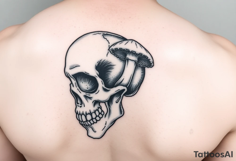 right side of a skull with grown out mushroom out of its eyes tattoo idea