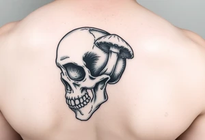 right side of a skull with grown out mushroom out of its eyes tattoo idea