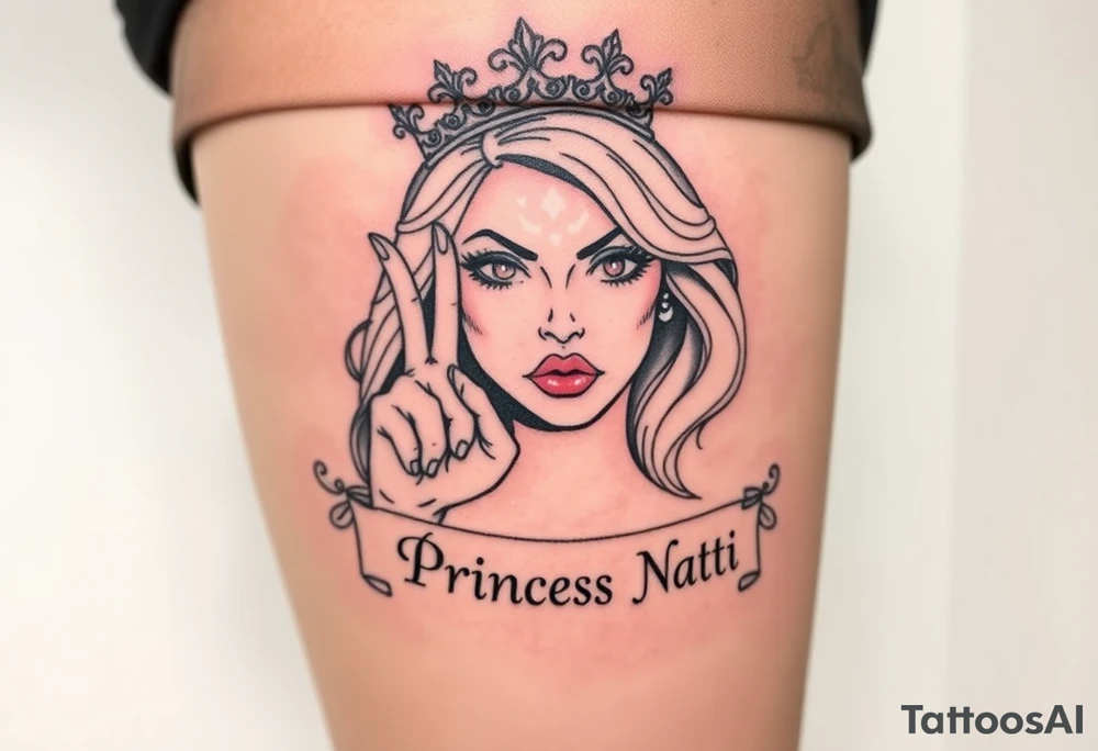 powerful blond findomme princess with crown on, making an “L” for loser with look of disgust on her face being pathetic with caption “Property of Princess Natti” tattoo idea