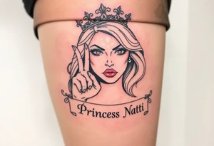 powerful blond findomme princess with crown on, making an “L” for loser with look of disgust on her face being pathetic with caption “Property of Princess Natti” tattoo idea