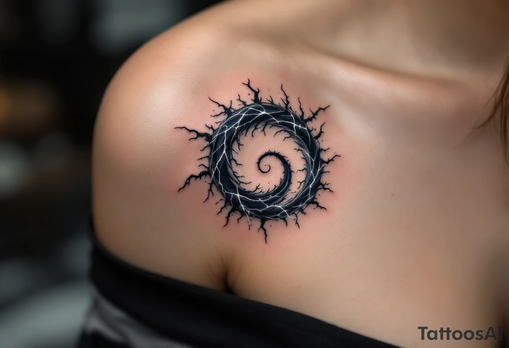 A stormy spiral in navy and slate gray with lightning-like cracks of white. tattoo idea