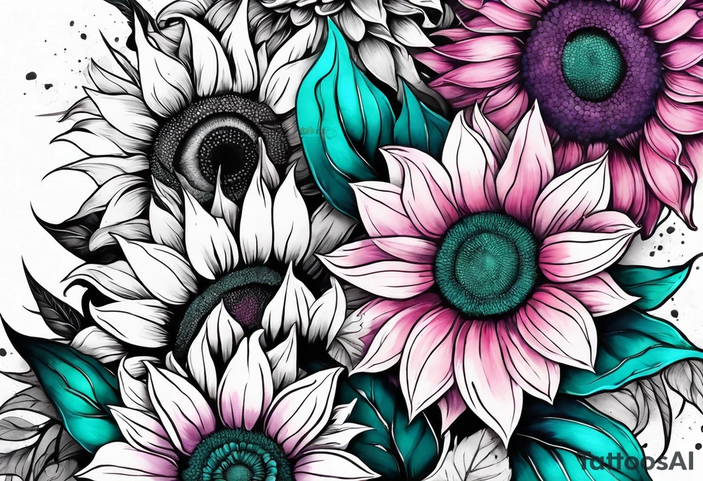 Teal, pink and purple sunflower sleeve tattoo idea