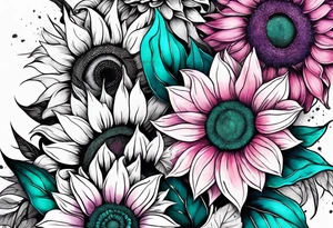 Teal, pink and purple sunflower sleeve tattoo idea