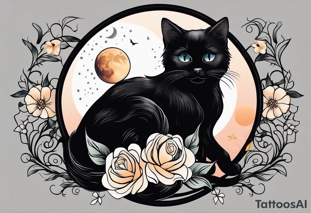 Photo realistic black cat with moon and flowers tattoo idea