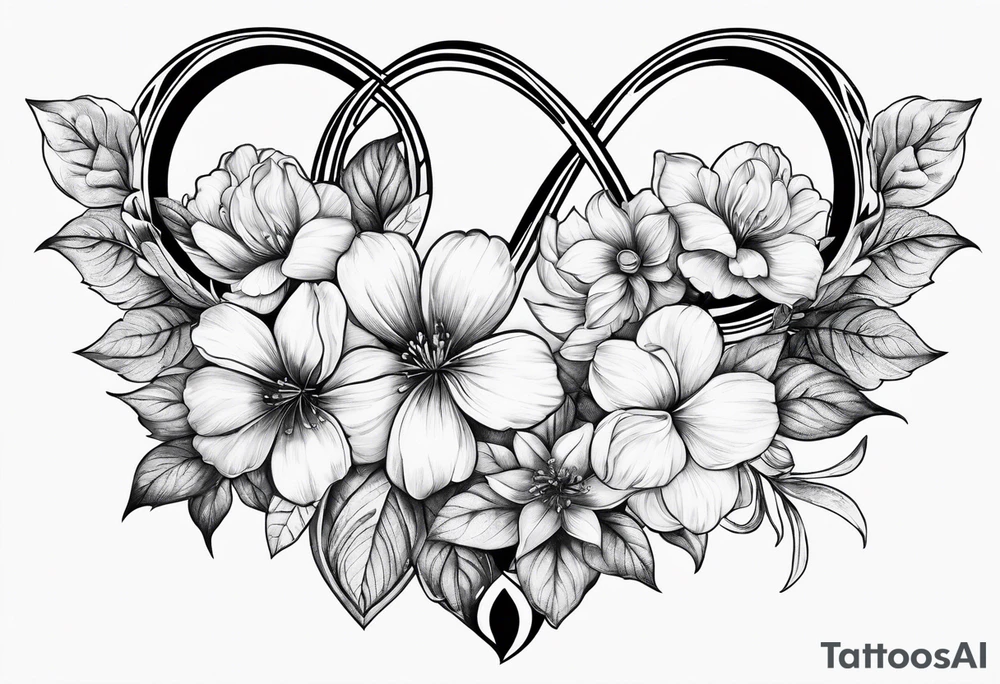 Infinity symbol with March, April June November December birth flowers tattoo idea