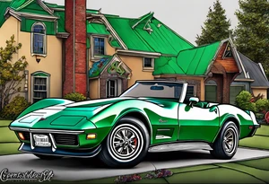 A 1976 green convertible Corvette with a skeleton smoking a cigarette and throwing a Budweiser can out of the rooftop tattoo idea