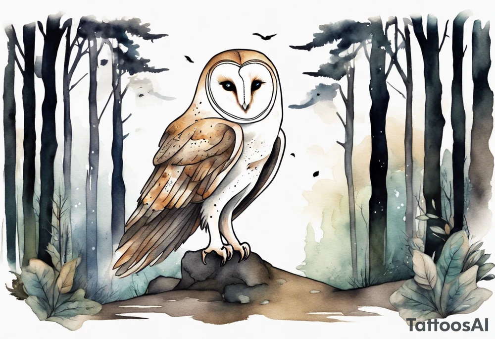 a tall barn owl with extremely long legs walking on a forest path at night tattoo idea
