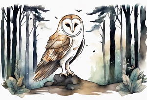 a tall barn owl with extremely long legs walking on a forest path at night tattoo idea
