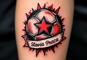 A bold black and red soccer ball wrapped in the iconic Slavia Praha star and banner. tattoo idea